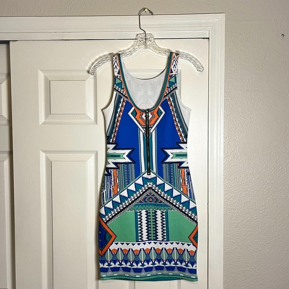 Peach Puff Dress Womens Small Blue Green Aztec Sleeveless Bodycon Geometric Mini - Picture 2 of 14